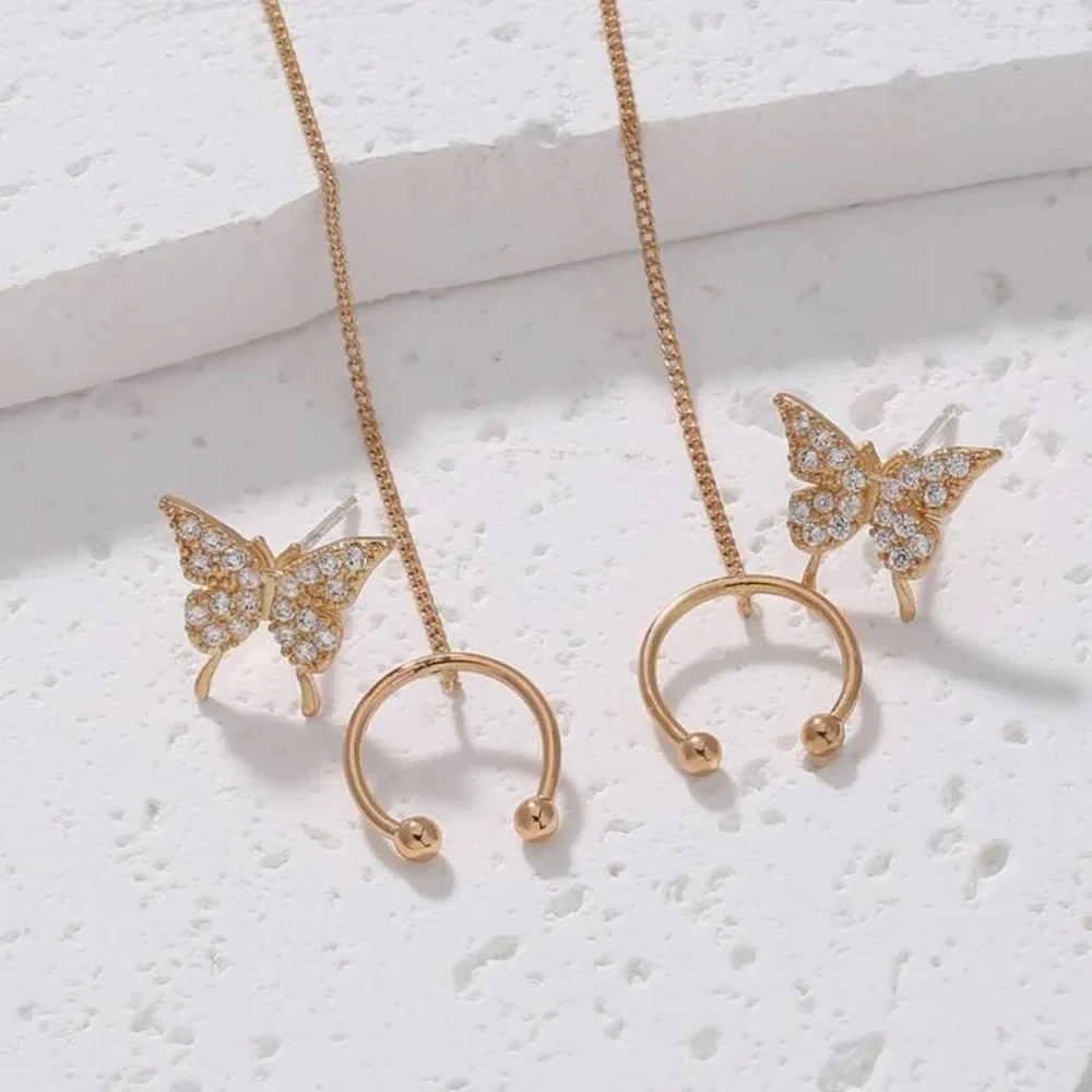 2pcs Cubic Zirconia Butterfly Decor Chain Linked Earring Yellow Gold Jewelry